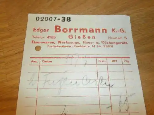 Bienenzucht-Geräte , Edgar Borrmann in Gießen , 1938 , altes Dokument / Rechnung , Reklame / Werbung , Giessen
