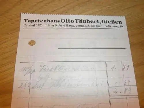 Tapetenhaus - Otto Täubert in Gießen , 1938 , altes Dokument / Rechnung , Reklame / Werbung , Giessen