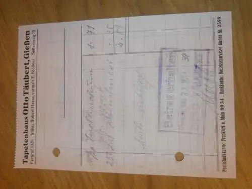 Tapetenhaus - Otto Täubert in Gießen , 1938 , altes Dokument / Rechnung , Reklame / Werbung , Giessen