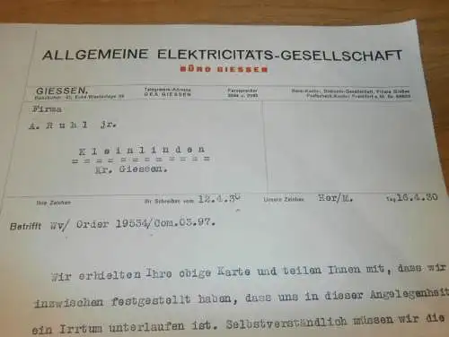 AEG-Büro in Gießen , 1930 , altes Dokument / Rechnung , Reklame / Werbung , Giessen