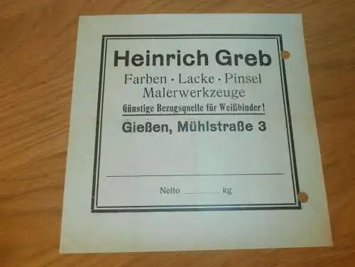 Farben und Lacke - Heinrich Greb in Gießen , 1934 , altes Dokument / Rechnung , Reklame / Werbung , Giessen