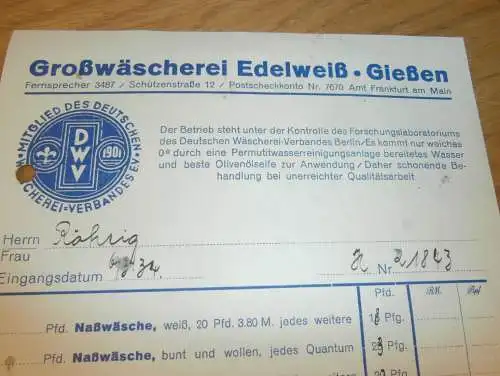 Großwäscherei Edelweiß in Gießen , 1934 , altes Dokument / Rechnung , Reklame / Werbung , Giessen