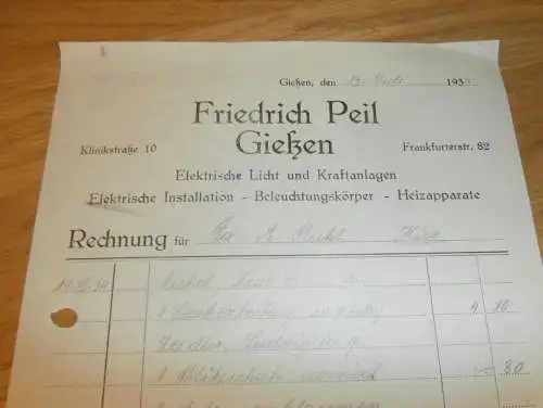 Licht- und Kraftanlagen - Friedrich Peil in Gießen , 1934 ,altes Dokument / Rechnung , Reklame / Werbung , Giessen