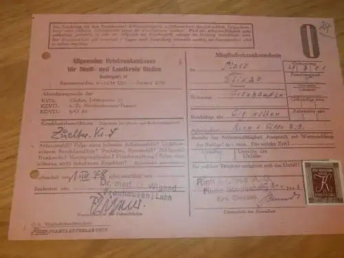 Krankenschein - Rinn & Cloos AG in Staufenberg b. Gießen , 1936 ,altes Dokument / Rechnung , Reklame / Werbung , Giessen