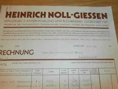 Buchbinderei - Heinrich Noll in Gießen , 1936 , altes Dokument / Rechnung , Reklame / Werbung , Giessen
