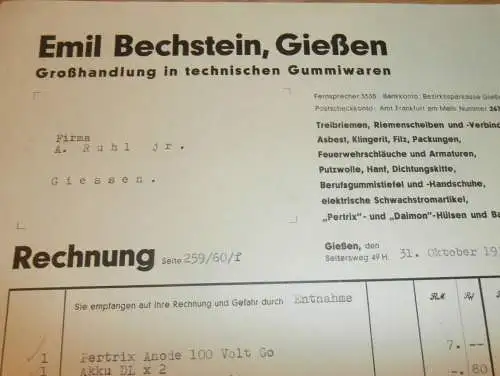 technische Gummiwaren - Emil Bechstein in Gießen , 1938 , altes Dokument / Rechnung , Reklame / Werbung , Giessen