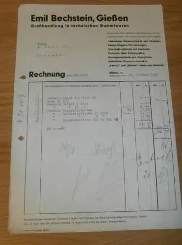 technische Gummiwaren - Emil Bechstein in Gießen , 1938 , altes Dokument / Rechnung , Reklame / Werbung , Giessen