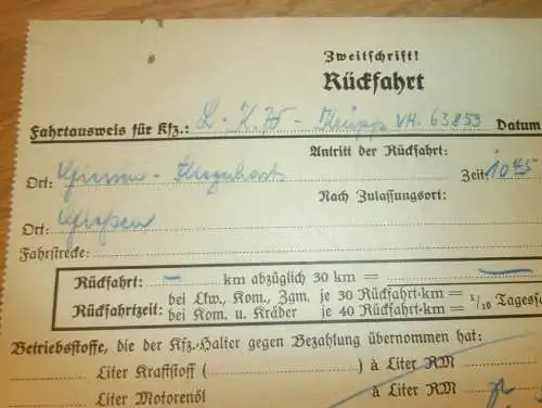 Fahrtausweis - Fliegerhorst in Gießen , 1938 , altes Dokument / Rechnung , Reklame / Werbung , Giessen