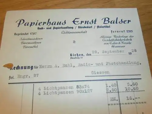 Papierhaus - Ernst Balser in Gießen , 1938 , altes Dokument / Rechnung , Reklame / Werbung , Giessen