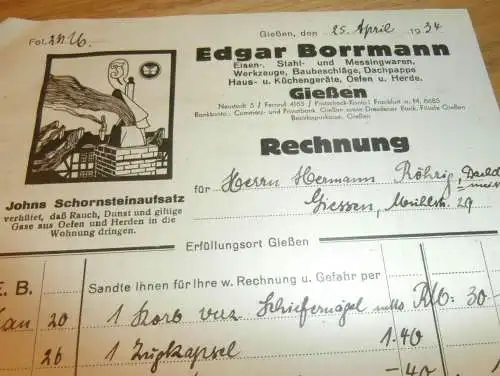 Eisenhandel - Edgar Borrmann in Gießen , 1934 , altes Dokument / Rechnung , Reklame / Werbung , Giessen