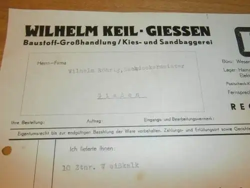 Baustoffhandlung - Wilhelm Keil in Gießen , 1934 , altes Dokument / Rechnung , Reklame / Werbung , Giessen
