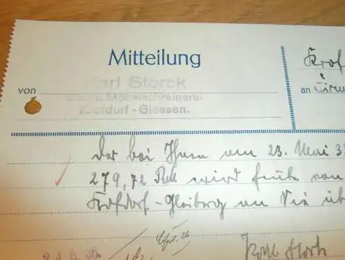 Möbelschreinerei - Karl Storck in Gießen , 1938 , altes Dokument / Rechnung , Reklame / Werbung , Giessen