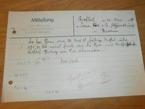 Möbelschreinerei - Karl Storck in Gießen , 1938 , altes Dokument / Rechnung , Reklame / Werbung , Giessen