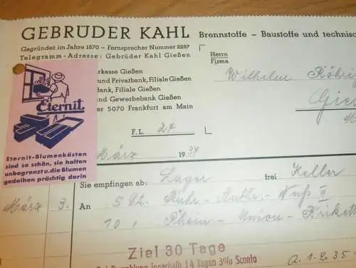 Brennstoffe - Gebrüder Kahl in Gießen , 1934 , altes Dokument / Rechnung , Reklame / Werbung , Giessen