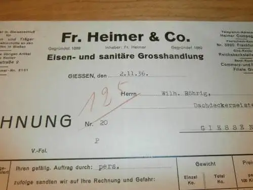 Eisen und Sanitär - Fr. Heimer & Co.in Gießen , 1936 , altes Dokument / Rechnung , Reklame / Werbung , Giessen