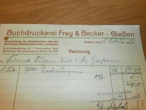 Buchdruckerei - Fray & Becker in Gießen , 1938 , altes Dokument / Rechnung , Reklame / Werbung , Giessen