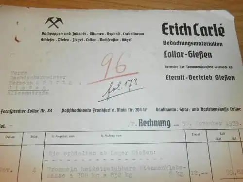 Eternit Vertrieb - Erich Carlé in Lollar - Gießen , 1939 , altes Dokument / Rechnung , Reklame / Werbung , Giessen