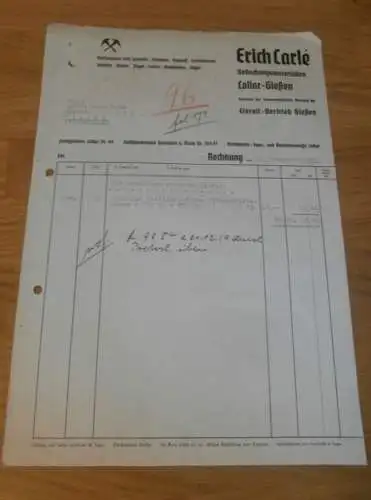 Eternit Vertrieb - Erich Carlé in Lollar - Gießen , 1939 , altes Dokument / Rechnung , Reklame / Werbung , Giessen