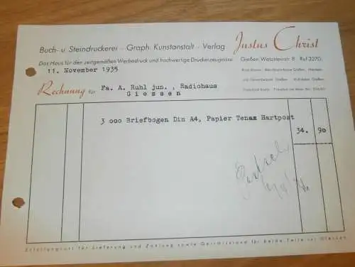 Kunstanstalt - Justus Christ in Gießen , 1935 , altes Dokument / Rechnung , Reklame / Werbung , Giessen !