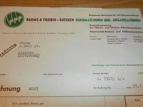 Büromaschinen - Baums & Treibig in Gießen , 1938 , altes Dokument / Rechnung , Reklame / Werbung , Giessen !