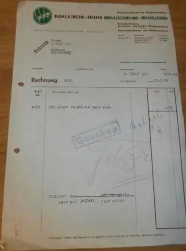 Büromaschinen - Baums & Treibig in Gießen , 1938 , altes Dokument / Rechnung , Reklame / Werbung , Giessen !