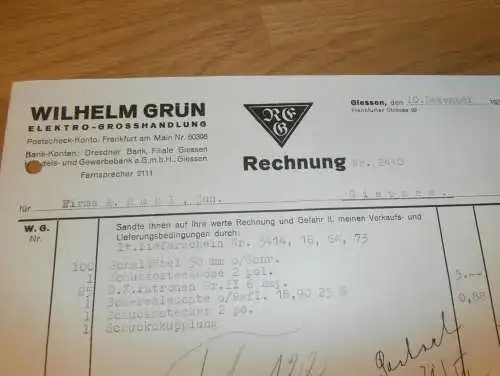 Elektro-Grosshandlung Wilhelm Grün in Gießen , 1938 , altes Dokument / Rechnung , Reklame / Werbung , Giessen !
