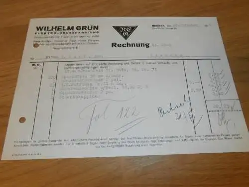 Elektro-Grosshandlung Wilhelm Grün in Gießen , 1938 , altes Dokument / Rechnung , Reklame / Werbung , Giessen !