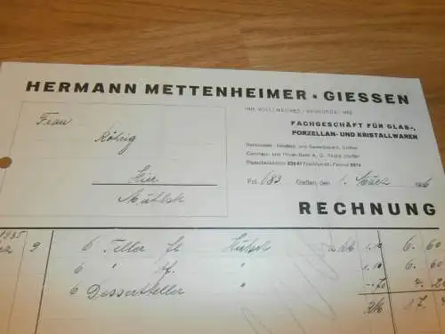 Porzellan - Heinrich Mettmann in Gießen , 1936 , altes Dokument / Rechnung , Reklame / Werbung , Giessen !