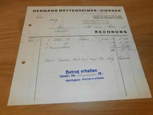 Porzellan - Heinrich Mettmann in Gießen , 1936 , altes Dokument / Rechnung , Reklame / Werbung , Giessen !