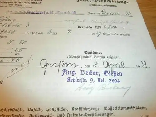 Feuer Versicherung - August Becker in Gießen , 1939 , altes Dokument / Rechnung , Reklame / Werbung , Giessen !