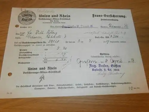 Feuer Versicherung - August Becker in Gießen , 1939 , altes Dokument / Rechnung , Reklame / Werbung , Giessen !