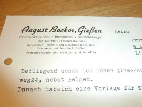 Hausverwaltungen - August Becker in Gießen , 1938 , altes Dokument / Rechnung , Reklame / Werbung , Giessen !