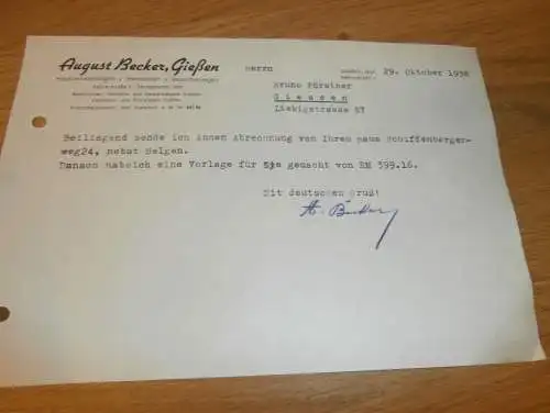 Hausverwaltungen - August Becker in Gießen , 1938 , altes Dokument / Rechnung , Reklame / Werbung , Giessen !