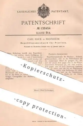 original Patent - Carl Hauk , Mannheim | 1902 | Repetitionsmechanik für Pianino | Piano , Klavier , Musikinstrument !!