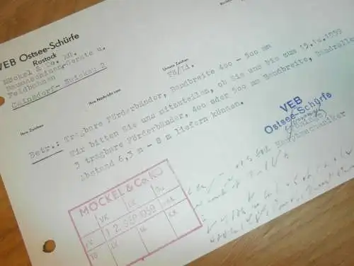 VEB Ostsee-Schürfe in Rostock , Hr. Fönings , 1959 , alte Rechnung , Reklame / Werbung !!