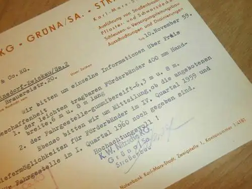 Strassenbau - KW Nitzsche KG in Grüna i. Sa. , 1959 , alte Rechnung , Reklame / Werbung !!