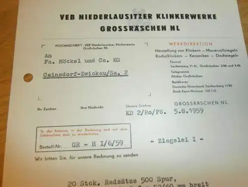 VEB Niederlausitzer Klinkerwerke in Großräschen , 1959 , alte Rechnung , Reklame / Werbung !!