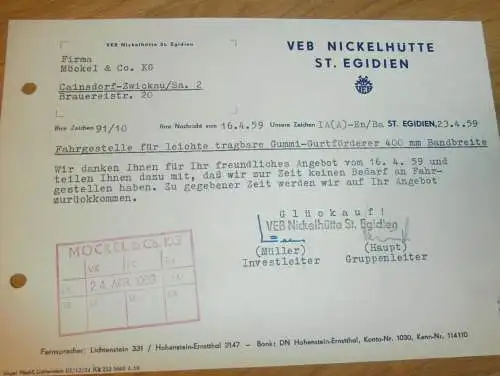 VEB Nickelhütte in St. Egidien , Hr. Haupt , Hr. Müller , 1959 , alte Rechnung , Reklame / Werbung !!