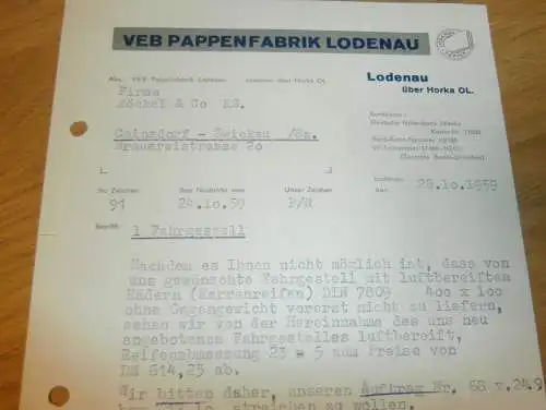 VEB Pappenfabrik Lodenau b. Horka , Niesky , 1959 , alte Rechnung , Reklame / Werbung !!