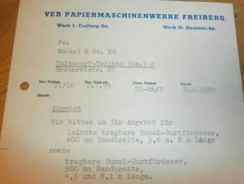 VEB Papiermaschinenwerke Freiberg , Bautzen , Hr. Mennel , 1959 , alte Rechnung , Reklame / Werbung !!