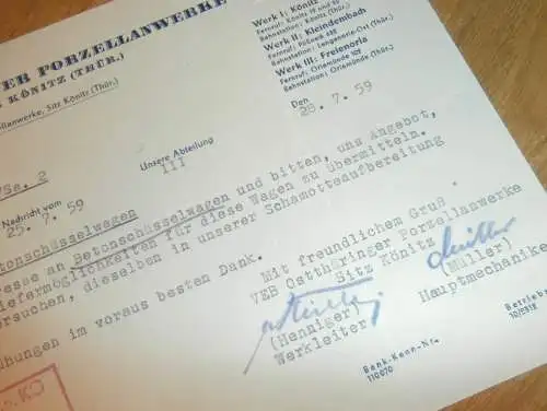 VEB Ostthüringer Porzellan Werke in Könitz ,  Hr. Henniger , Hr. Müller , 1959 , alte Rechnung , Reklame / Werbung !!
