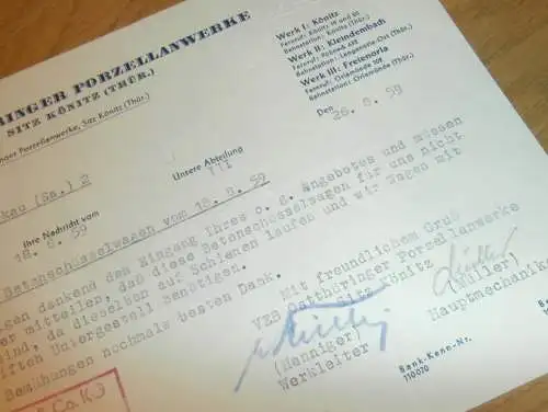VEB Ostthüringer Porzellan Werke in Könitz ,  Hr. Henniger , Hr. Müller , 1959 , alte Rechnung , Reklame / Werbung !!