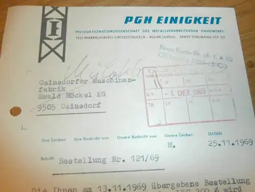 PGH EINIGKEIT in Markkleeberg , Leipzig - Gaschwitz , 1969 , alte Rechnung , Reklame / Werbung !!