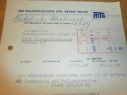 VEB Molkerei-Technik in Erfurt , Hr. Herpich , Hr. Fritsche , 1969 , alte Rechnung , Reklame / Werbung !!