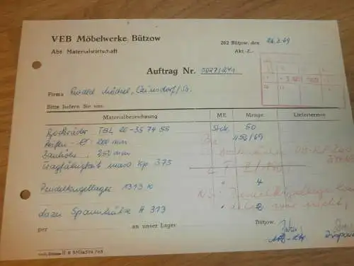 VEB Möbelwerke Bützow , 1969 , alte Rechnung , Reklame / Werbung !!