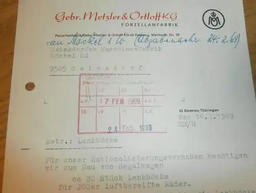 Porzellan - Fabrik , Gebr. Metzler & Ortloff KG in Ilmenau , 1969 , alte Rechnung , Reklame / Werbung !!