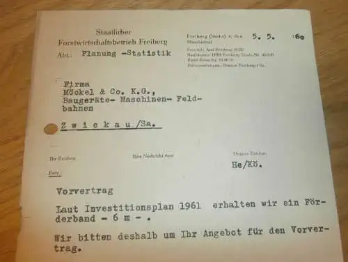 Staatlicher Forstbetrieb Freiberg i. Sachsen , Hr. Kohlsdorf , 1960 , alte Rechnung , Reklame / Werbung !