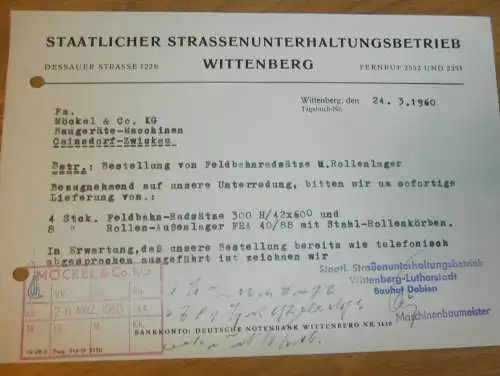 Staatlicher Straßenunterhaltungsbetrieb Wittenberg , Dobien , 1960 , alte Rechnung , Reklame / Werbung !