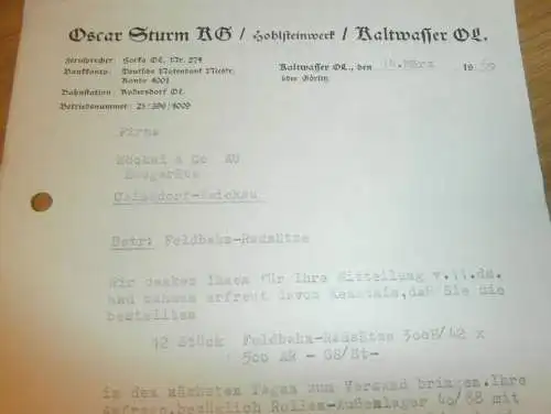 Hohlsteinwerk - Oscar Sturm KG in Kaltwasser b. Görlitz OL. , 1960 , alte Rechnung , Reklame / Werbung !!
