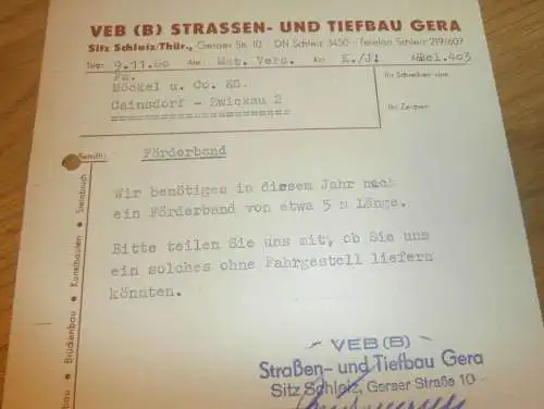 VEB Tiefbau Gera , Sitz Schleiz , 1960 , alte Rechnung , Reklame / Werbung !!